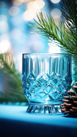 A glass with a pine cone and fir branch on the table, AIの素材