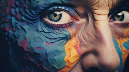 A woman with colorful face paint and a blue eye, AIの素材