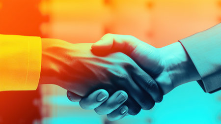 Two people shaking hands over a colorful background, AIの素材