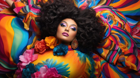 A woman with a colorful dress laying on her back, AIの素材