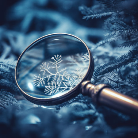 A magnifying glass is shown with snowflakes, AIの素材