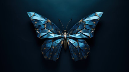 Blue butterfly with gold and blue geometric pattern on dark background, AIの素材