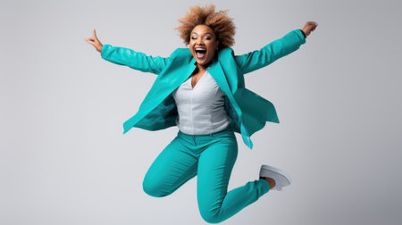 A woman in a blue suit is jumping, AIの素材