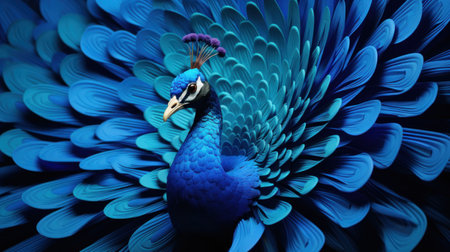 A blue peacock with its feathers spread out, AI. Paper crafted origamiの素材