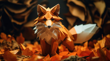 A paper fox standing in a field of autumn leaves, AI. Paper crafted origamiの素材