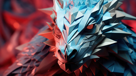 A blue and red dragon with a lot of spikes, AI. Paper crafted origamiの素材