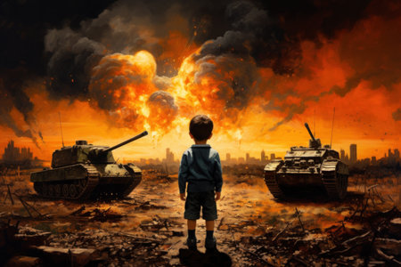 A boy looks at two tanks in front of a burning city, AIの素材