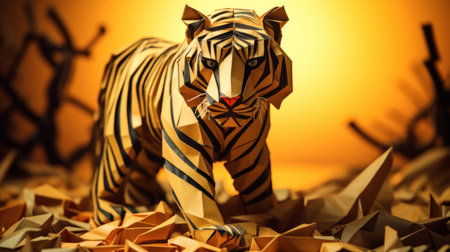 A tiger is walking through the forest in a paper cutout, AI. Paper crafted origamiの素材