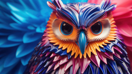 An owl made out of paper with colorful flowers, AI. Paper crafted origamiの素材