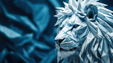 A lion is made of paper and blue, AI. Paper crafted origamiの素材