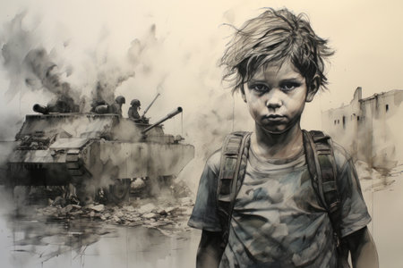 A painting of a boy standing in front of an army tank, AIの素材