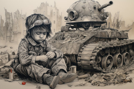 A drawing of a boy sitting next to an old tank, AIの素材