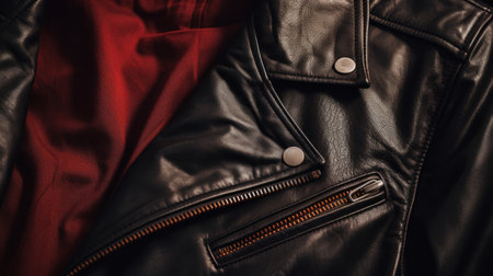 Close up of a black leather jacket with red lining, AIの素材
