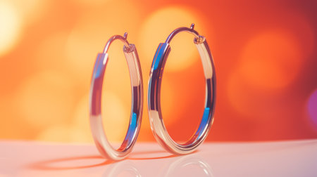 A pair of silver hoop earrings on a bright background, AIの素材