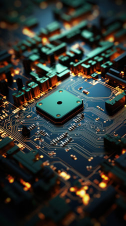 An electronic circuit board with a green chip on it, AIの素材