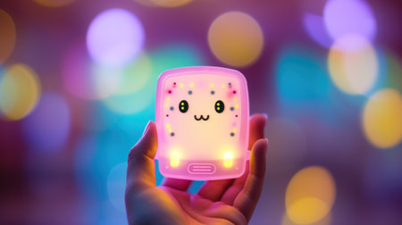 A hand holding a tamagochi with an animated face on it, AIの素材