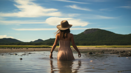 A woman in a hat standing on the water, AIの素材