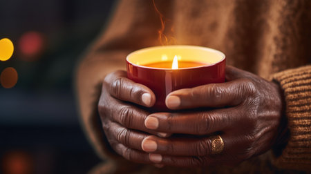 A close up of a person holding an open red cup with the candle burning, AIの素材