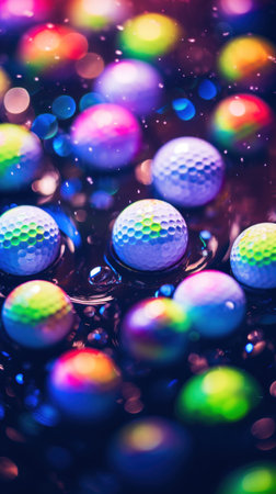 Golf balls in water with rainbow colored bubbles, AIの素材