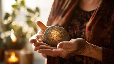 An older woman holding a stone with the sun shining through it, AIの素材