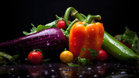 Fresh vegetables with water droplets on a black background, AIの素材