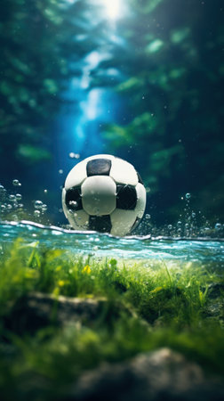 A soccer ball floating in the water with grass and trees, AIの素材