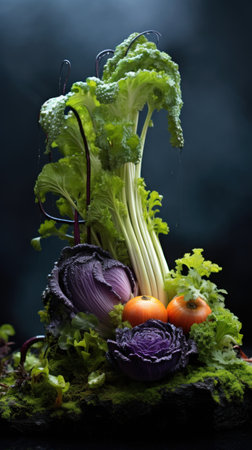A vegetable arrangement with broccoli, cabbage and carrots, AIの素材