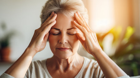 An older woman with headache and her hands on the head, AIの素材