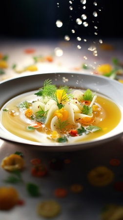 A bowl of soup with vegetables and herbs, AIの素材
