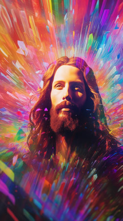 Jesus is surrounded by colorful light, AIの素材