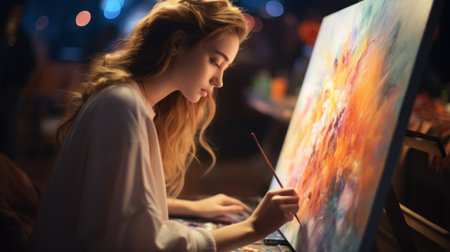 A woman painting on a canvas at night, AIの素材