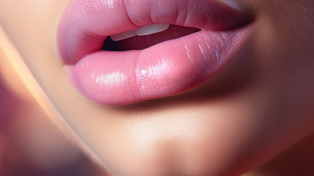 A close up of a womans lips with pink lipstick, AIの素材