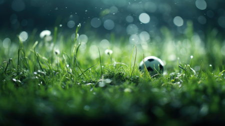 A soccer ball in the grass with raindrops, AIの素材