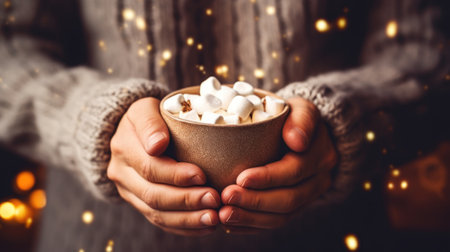 A person holding a cup of hot chocolate with marshmallows, AIの素材