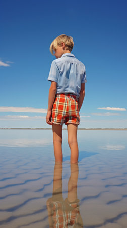 A boy standing in the water with his hands on hips, AIの素材