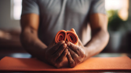 A person is sitting on a yoga mat with their hands in front of them, AIの素材