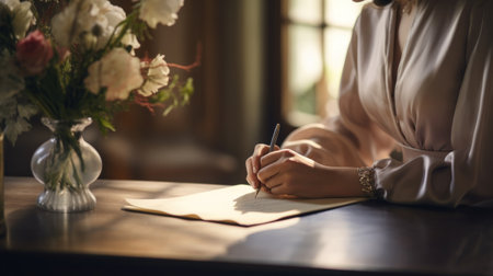 A woman writing on a piece of paper while sitting at the table, AIの素材