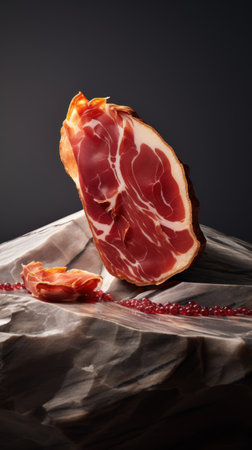 A piece of ham sitting on a table, AIの素材
