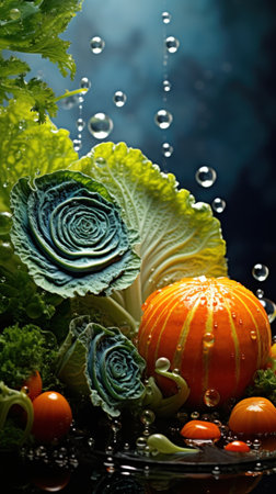 A group of vegetables and fruits are in water, AIの素材