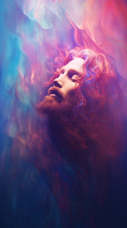 A man with long hair and a red beard is in the air, AIの素材