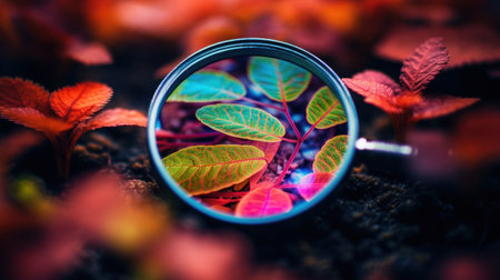 Magnifying glass with colorful leaves, AIの素材