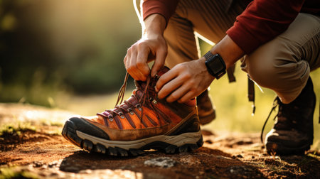 A man tying his hiking shoes on a trail, AIの素材