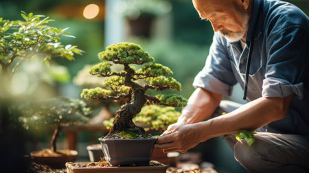 An elderly man is working on a bonsai tree, AIの素材