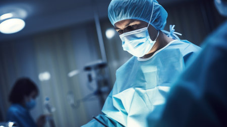 A surgeon in a surgical gown and mask, AIの素材