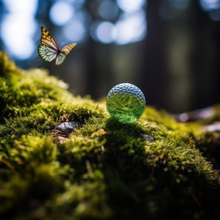 A green golf ball sits on a moss covered ground, AIの素材