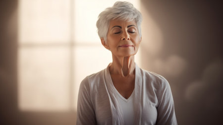 An older woman is meditating in front of a window, AIの素材