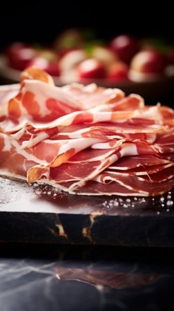Sliced ham on a cutting board with apples, AIの素材