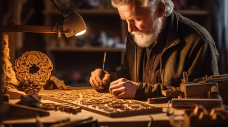 An old man is working on a wooden carving, AIの素材