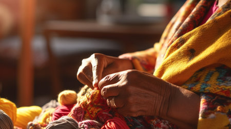 A woman is knitting a colorful yarn, AIの素材