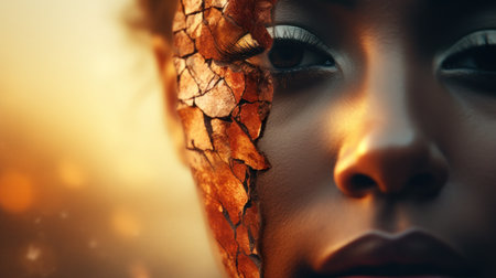 A woman with a cracked face and dark eyes, AIの素材